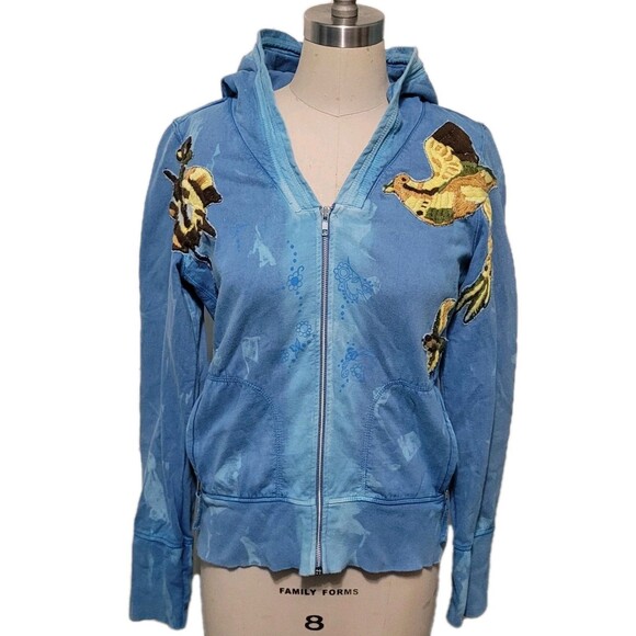 Free People Hoodie Women M Blue Tie Dye Embroidered Flying Birds Full Zip - Picture 3 of 16